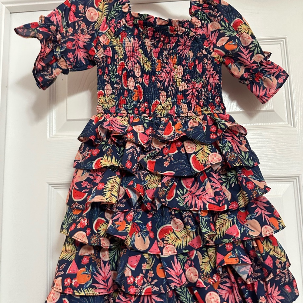 Ivy City Co Mini Harmony dress Navy Floral & Fruit.